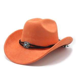 Detail of orange suede cowboy hat with turquoise western buckle and braided band