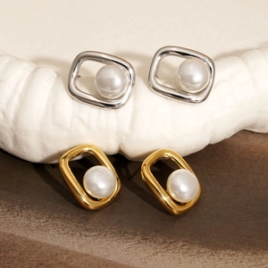 Elegant 316L stainless steel square earrings with pearl inlay in gold and silver