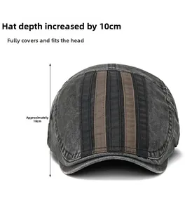 Detail showing the 10cm deep crown of this vintage washed cotton newsboy cap for men