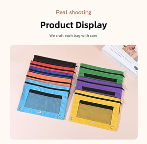 Close-up of colorful 3-ring mesh pencil pouches with zippers and reinforced metal grommets