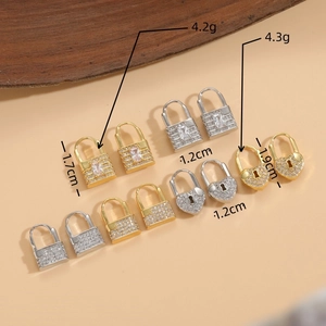 Luxurious 14K gold plated heart and rectangle lock earrings with micro-set cubic zirconia