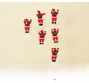 Detail view of Santa Claus climbing a rope ladder with festive red suits and green bags