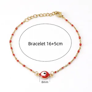 Gold 18K stainless steel evil eye chain bracelet with red beads and 8mm pendant charm