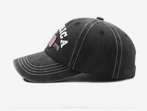 Detailed close-up of 1776 embroidery and American flag on washed denim baseball cap