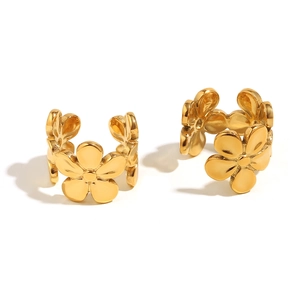 Élégantes boucles d'oreilles clips fleurs en acier inoxydable plaqué or 18 carats