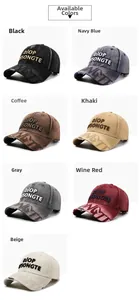 Multiple color options for distressed baseball caps with letter embroidery details
