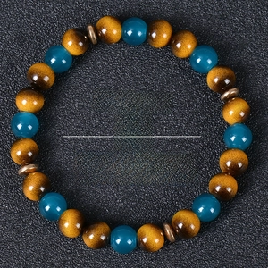 Natural Stone Beaded Bracelet Tiger Eye And Blue Crystal Handmade Fortune Luck Elastic Jewelry Unisex