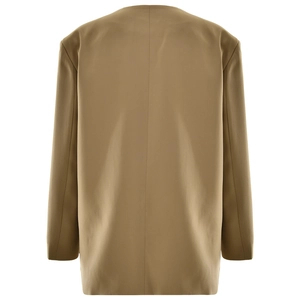 Detailed back view of a slim-fit khaki blazer showing clean stitching and high-quality fabric
