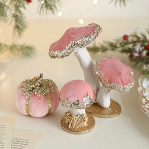 Pink velvet Christmas mushroom and pumpkin ornaments with gold glitter for festive decor