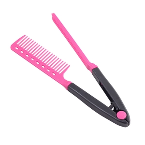 Professional black and pink V-shaped hair straightening comb with dual-sided clamp design