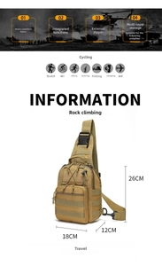 Tactical chest bag dimension infographic showing 18x26x12cm size and multi-compartment design
