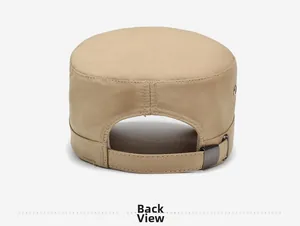 Rear view of khaki flat top military cap showing adjustable dark metal buckle detail