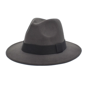 Classic dark grey wool fedora hat with wide black decorative ribbon band for autumn and winter