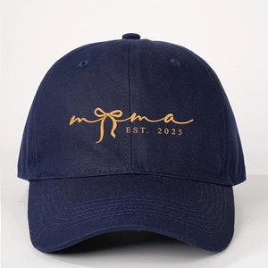 Navy blue baseball cap with gold MAMA embroidery and butterfly design EST 2025