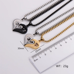Couples heart pendant necklaces with crystals and I Love You engraving measuring 30mm
