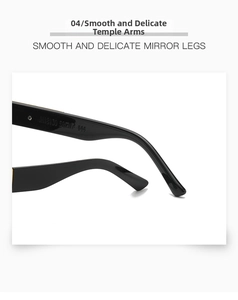 Detail of smooth polished black sunglasses temples with printed specifications JH18130