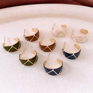 Vintage Enamel Geometric C Shaped Hoop Earrings With 925 Sterling Silver Earring Post Copper Plated Jewelry For Women