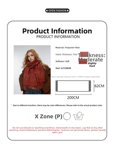 Detailed chart showing red plaid scarf dimensions 62x200cm and polyester material spec