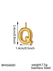 Detailed view of golden stainless steel puffy letter Q pendant with size dimensions