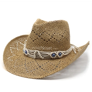 Western Straw Cowboy Hat Evil Eye Bead Band Hollow Out Breathable Sun Protection Beach Summer Travel For Women
