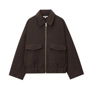 Front view of a brown casual utility jacket with large pockets and zipper closure