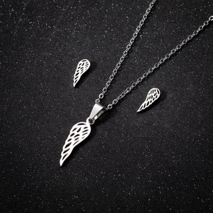 Parure bijoux ailes d'ange en argent, collier et boucles d'oreilles en acier