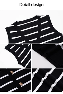 Dettaglio del gilet in maglia a righe bianche e nere con scollo a V e bottoni dorati
