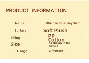 Detailed specs of the plush bee duck keychain showing soft fabric and PP cotton padding