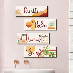 Bohemian four-piece wooden bathroom wall art with Breathe Relax Unwind Soak text