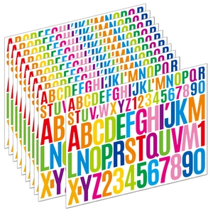 Close-up of waterproof colorful vinyl letter and number stickers for DIY crafts