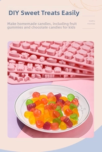 Detailed food-grade pink silicone gummy molds featuring fruit and animal relief shapes