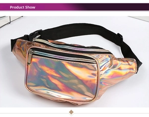 Close-up of holographic laser waist bag with metallic rainbow finish and silver zippers