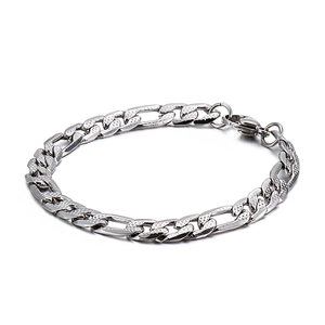 Polished silver stainless steel Figaro chain bracelet with lobster clasp on white background