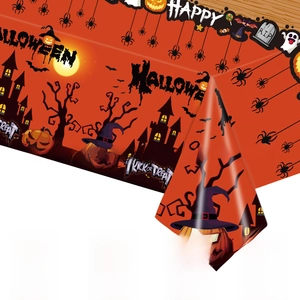 Waterproof orange Halloween tablecloth featuring pumpkins, bats, and ghosts patterns