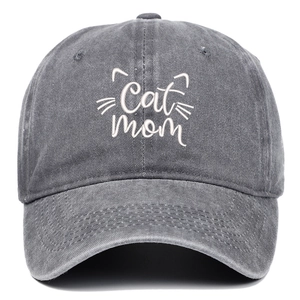 Close-up of Cat Mom white embroidery on vintage grey washed cotton baseball cap