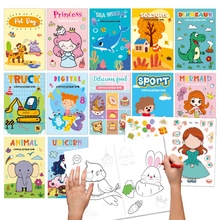 Detailed grid of 12 themed DIY sticker books and hands-on coloring activity for kids
