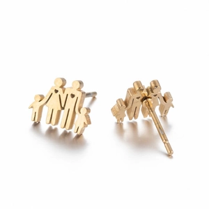 Golden family silhouette stud earrings featuring mother father and children