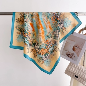 Elegant Floral Print Square Scarf Faux Satin Neck Head Wrap For Women Korean Style Lightweight Contrast Border Accessories