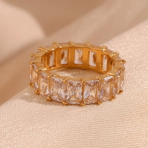 18K Gold Plated Stainless Steel Ring For Women Square Rhinestone Inlaid Eternity Band Fashion Office Commuter Jewelry