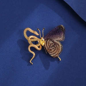 Exquisite snake and butterfly brooch with purple embroidery and yellow gemstone detail