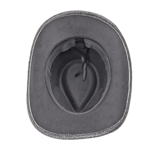 Detail view of the charcoal grey cowboy hat interior with adjustable ribbon and care label