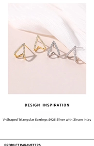 Macro detail of S925 sterling silver V-shape triangle stud earrings with white zircons