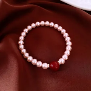 Bracelet Künstliche Perles Roses Élégant Avec Künstliche Perle Agate Rouge Et Intercalaires Fleurs En Métal Pour Femmes Bijoux Mode