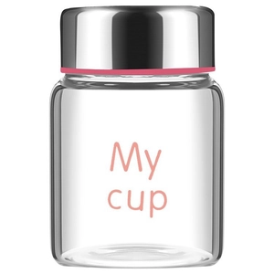 Mini high borosilicate glass jar with silver metal lid and pink My Cup print