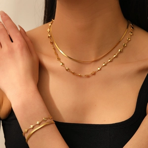 Collier Et Bracelet En Acier Inoxydable Bijoux Double Couche Pendentifs Cœur Étoile Chaîne Serpent Or 18K Femme