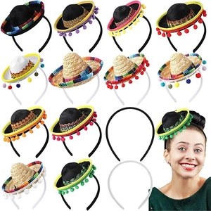 Detail showing twelve mini Mexican sombreros headbands with colorful pompoms and trims