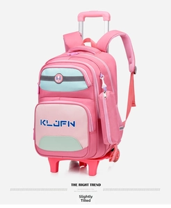 Pink trolley schoolbag with adjustable handle and wheels for elementary students