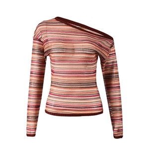 Detail of multi-color striped knit top with asymmetrical shoulder and texture