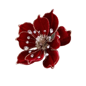 Elegant red velvet magnolia flower for Christmas tree decor with gold glitter and crystals
