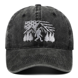 Washed Cotton Baseball Cap Bigfoot Sasquatch Embroidery Forest Mountain Design Vintage Retro Dad Hat Outdoor Adjustable